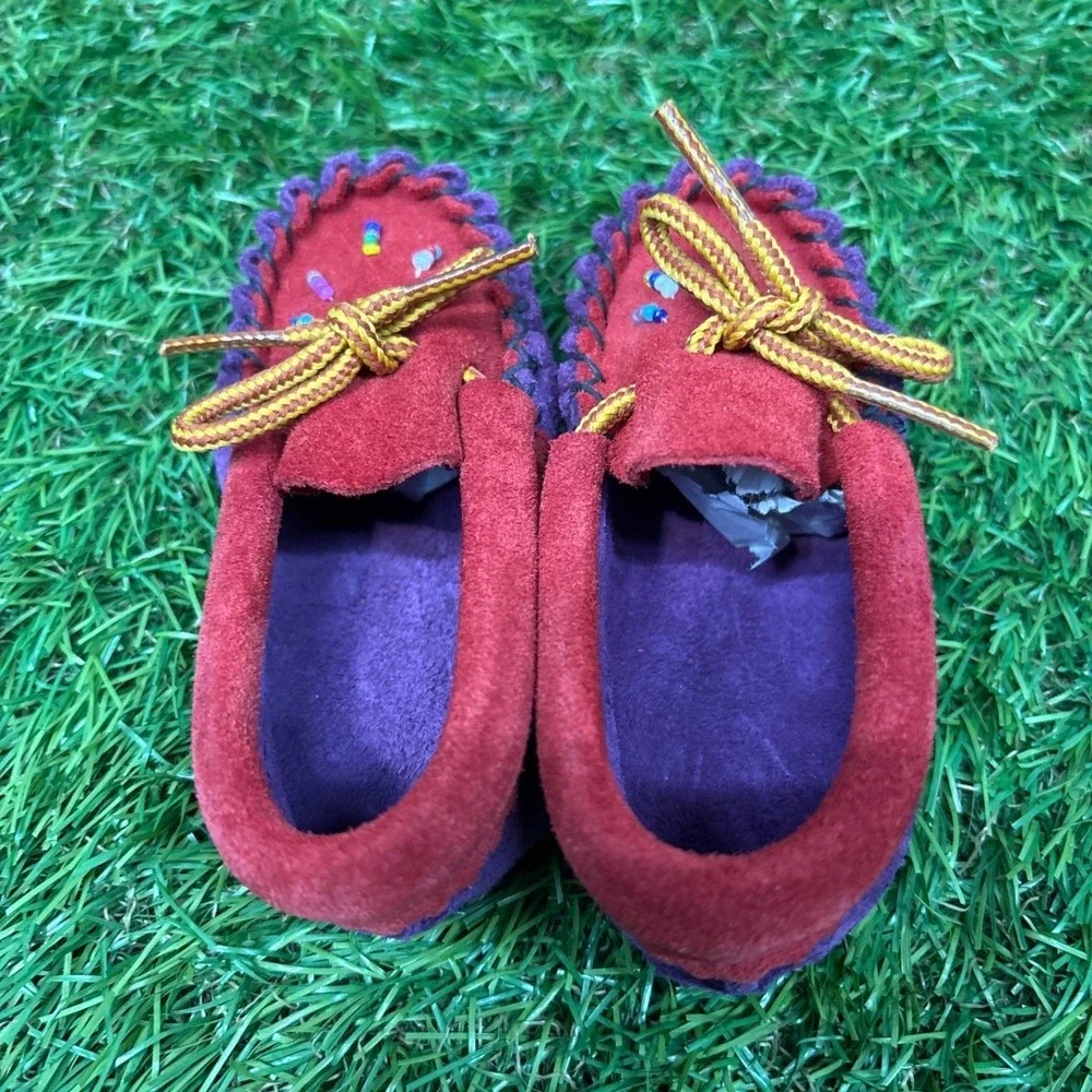 Unbranded Moccasin Slippers Kids Size 0-6 mo Red‎ Purple Beaded Suede Excellent